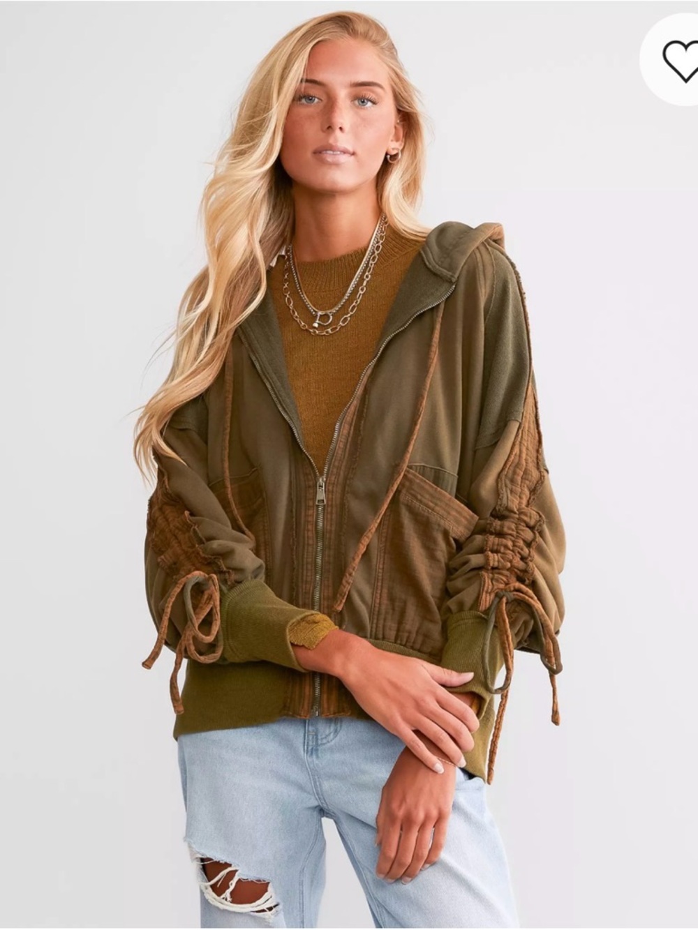 Gilded Intent Women’s Green Drawstring Sleeve Zip-Up Jacket Washed Hoodie Large